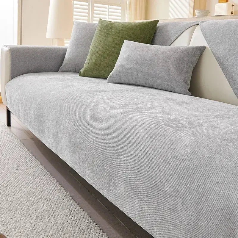 Modern beige and gray chenille sofa cover with gray textured fabric and subtle diagonal weave pattern for living room cushion