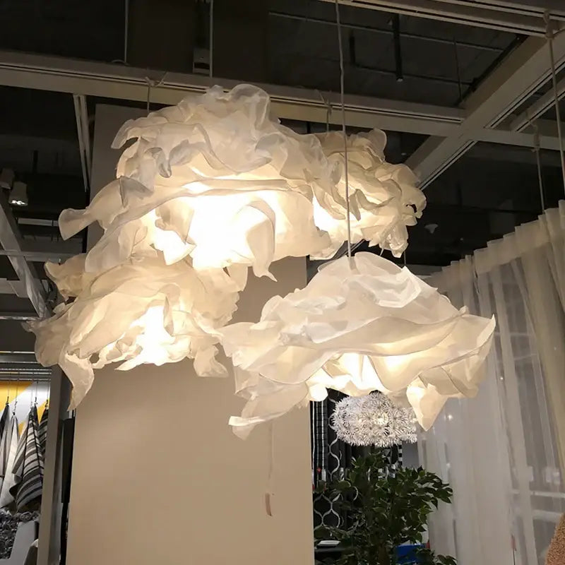 Modern beige and gray nordic paper pendant light with delicate white fabric chandelier petals for living room decorbites nordic paper pendant