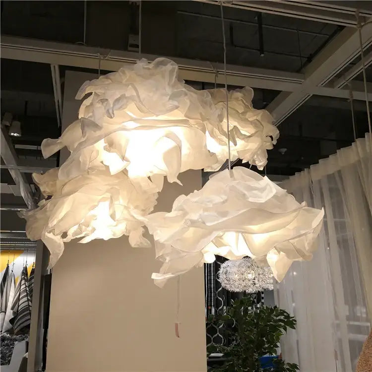 Delicate white fabric chandelier pendant light with flowing layers in modern beige gray decorbites nordic paper pendant