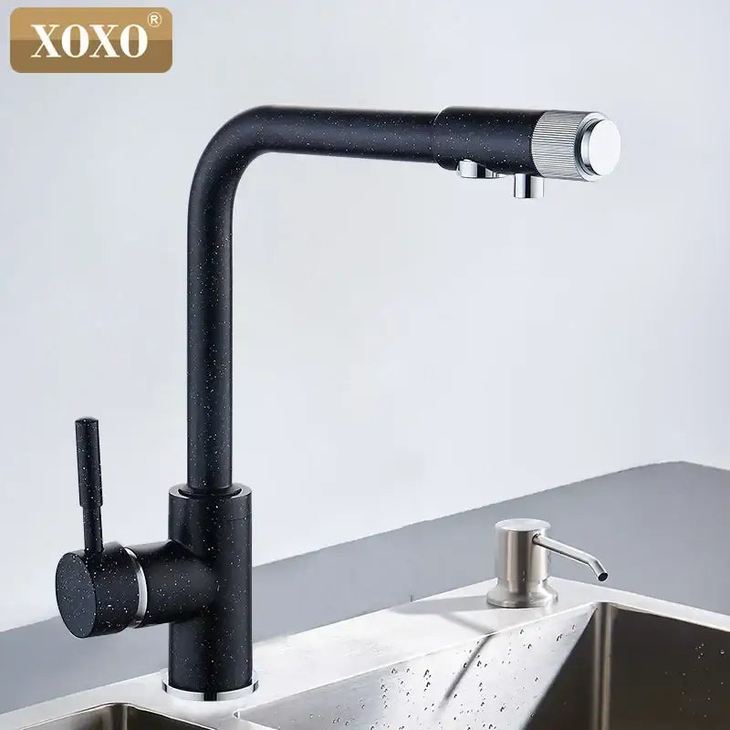 Modern beige speckled decorbites xoxo kitchen faucet with chrome accents and sleek water purifier design