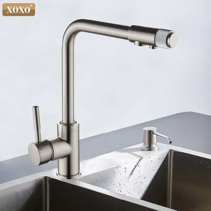 Modern beige speckled decorbites xoxo kitchen faucet with stainless steel pull-down spout and chrome accents for water purification