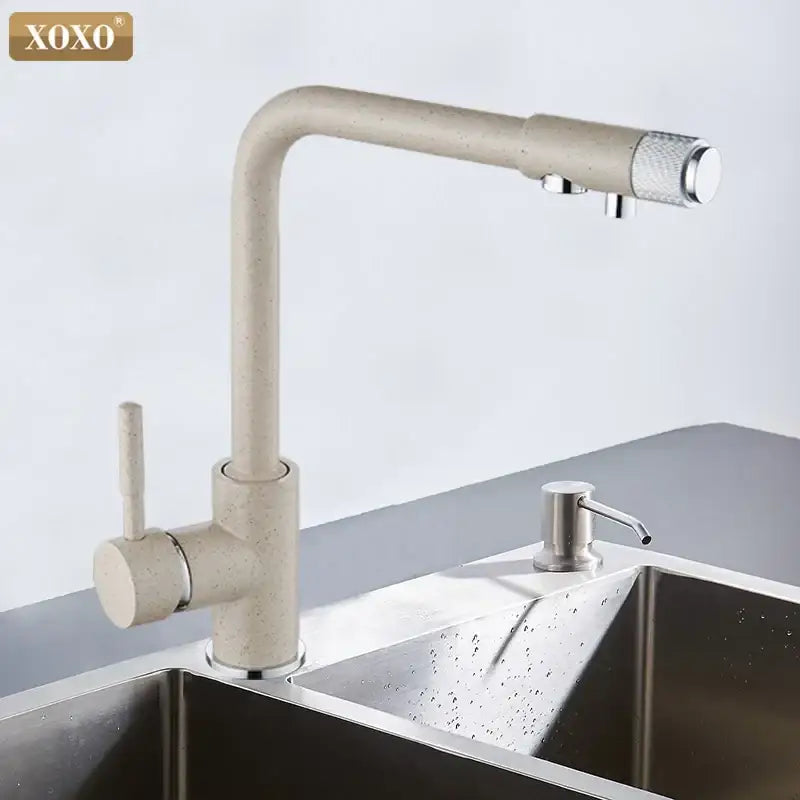 Modern beige speckled decorbites xoxo kitchen faucet with chrome accents designed as a water purifier