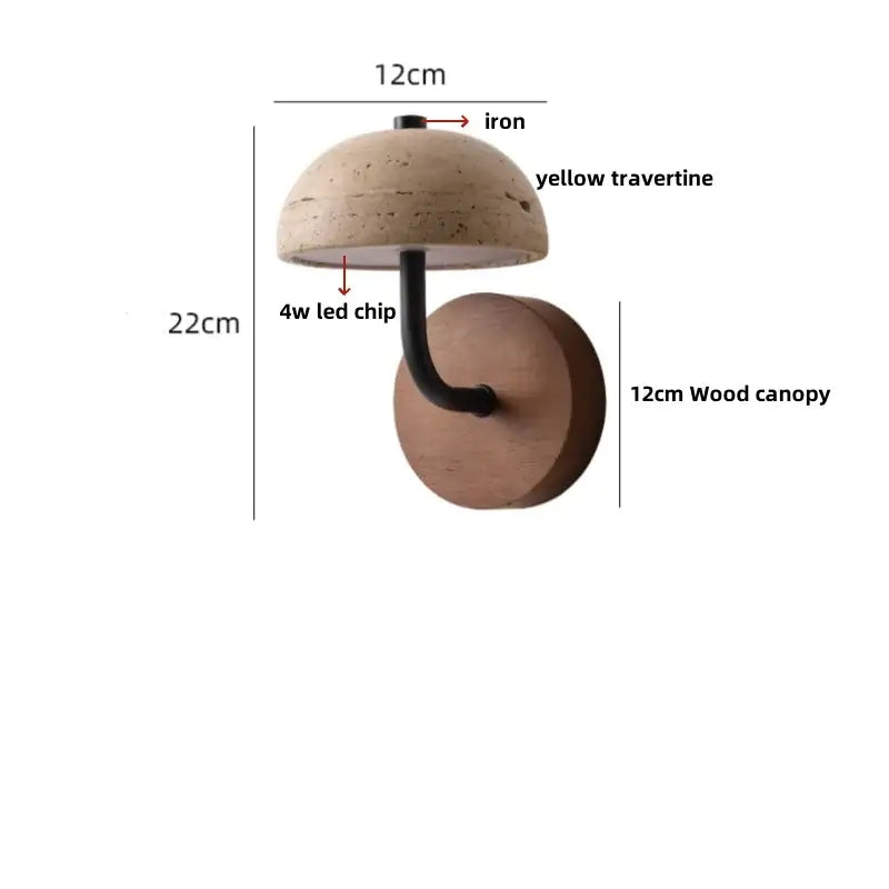 Modern beige stone and bronze wall light fixture with a yellow travertine dome shade and wood canopy base for bedroom use