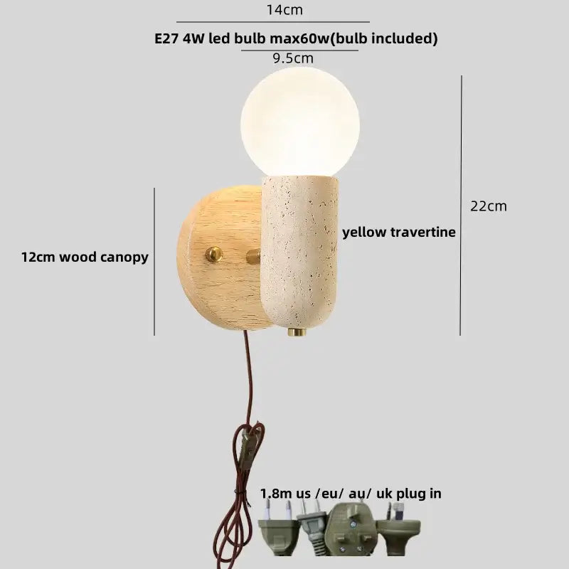 Modern beige stone and bronze wall light fixture with a frosted glass bulb on yellow travertine stem for bedroom use