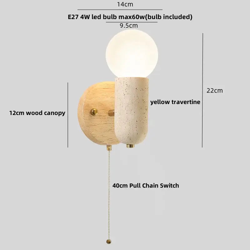 Modern beige stone and bronze wall light fixture with frosted glass bulb, yellow travertine stem, and wood canopy for bedroom use