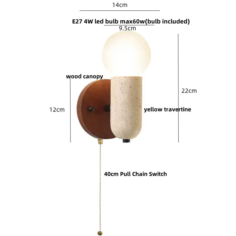Modern beige stone and bronze wall light fixture with warm wood canopy and textured yellow travertine body for bedrooms