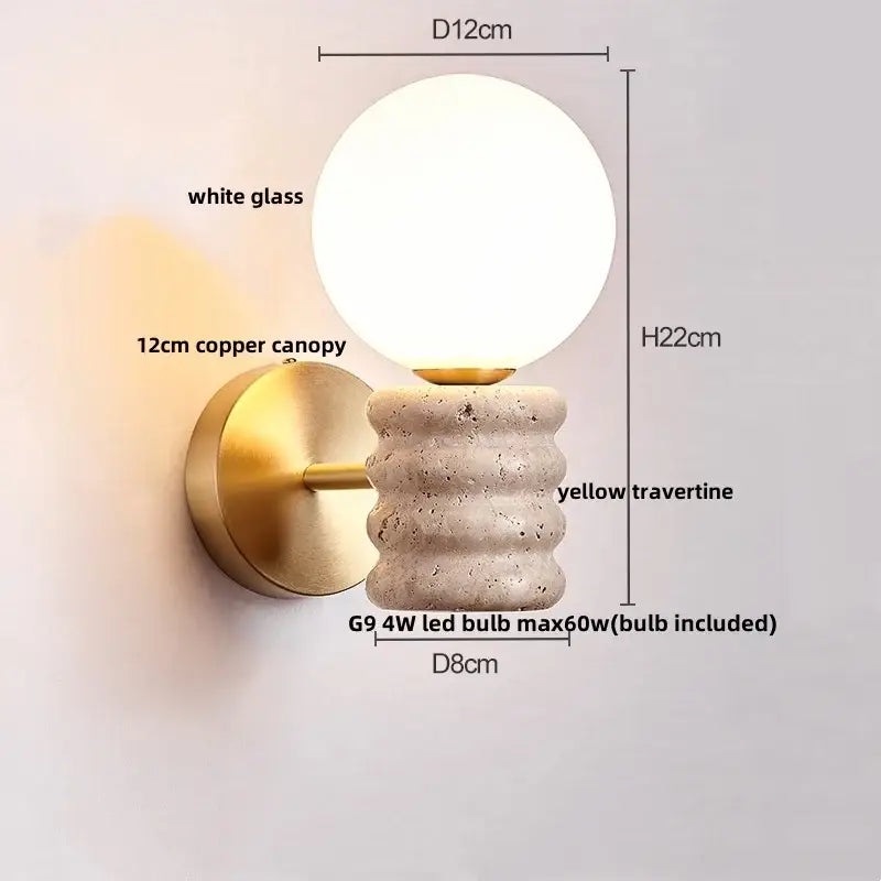 Modern beige stone and wood wall light fixture with white glass globe copper canopy and yellow travertine base for bedroom