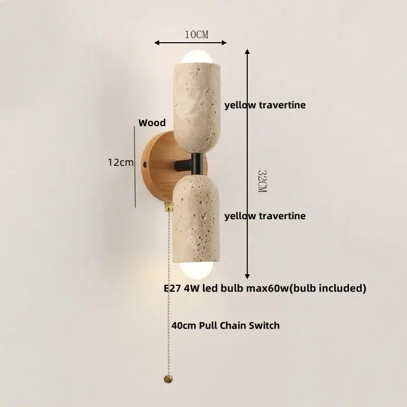 Modern beige stone wall light fixture featuring a yellow travertine sconce with wood backplate and black metal accents