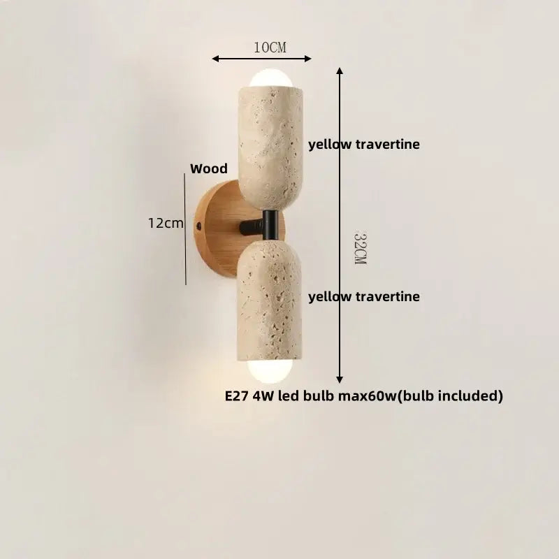 Modern beige stone and wood wall light fixture featuring a yellow travertine sconce with black metal accents