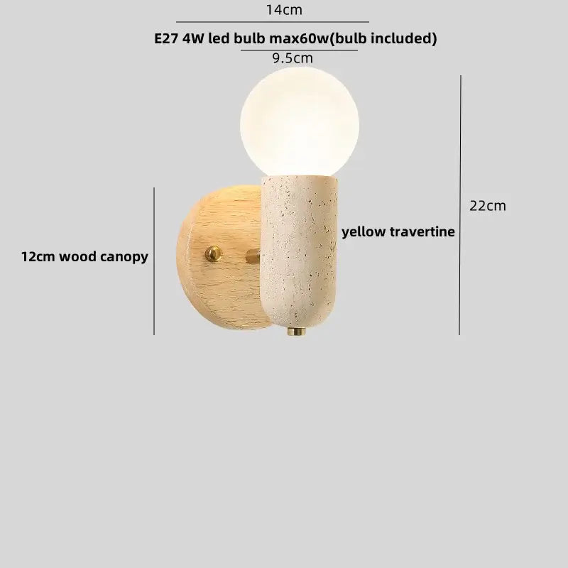 Modern beige stone and wood wall light fixture with yellow travertine sconce and e27 led bulb for bedroom use