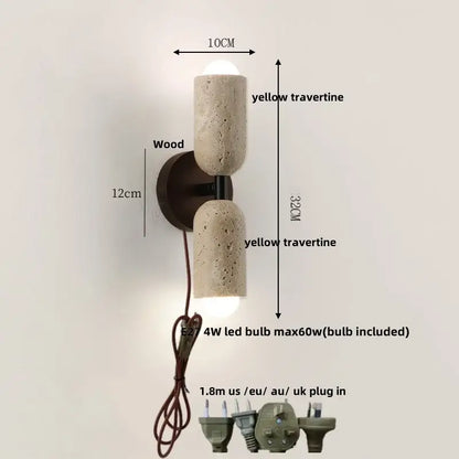 Modern beige stone and wood wall light fixture featuring a yellow travertine textured finish for bedroom sconce use