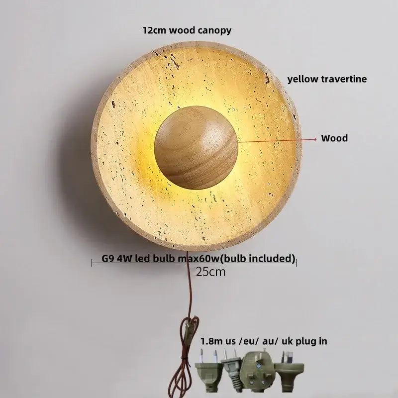 Modern beige stone led wall light with warm yellow travertine wood canopy and central wooden sphere for bedroom decorbites led wall