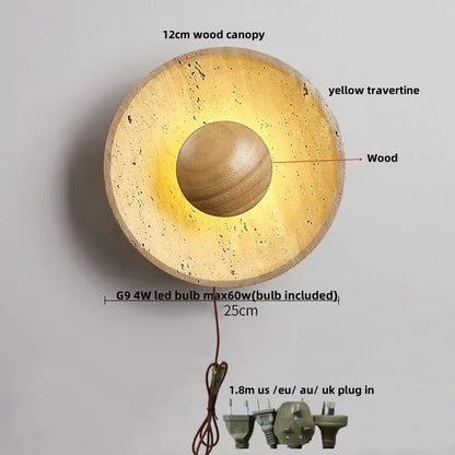 Modern beige stone led wall light with warm yellow travertine wood canopy and central wooden sphere for bedroom decorbites led wall