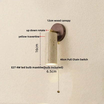 Modern beige travertine copper led wall lamp with yellow cylindrical sconce wood canopy and brass accents for decorbites copper led