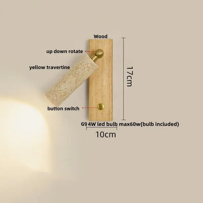 Modern beige travertine copper led wall lamp with natural wood base and brass accents for bedroom decorbites copper led light