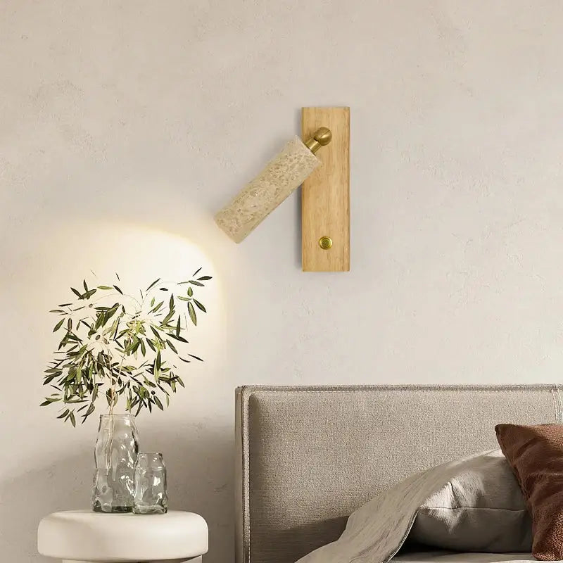 Modern beige travertine copper led wall lamp with light wood base brass accents and off-white textured shade decorbites copper led