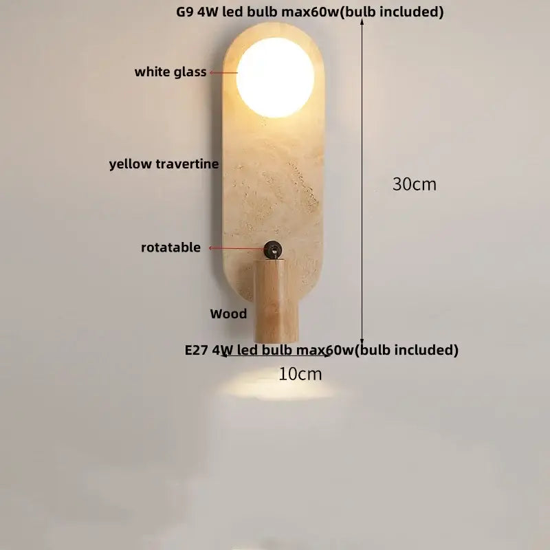 Modern beige travertine copper led wall lamp with yellow panel white glass bulb and wooden base for bedroom decorbites copper led