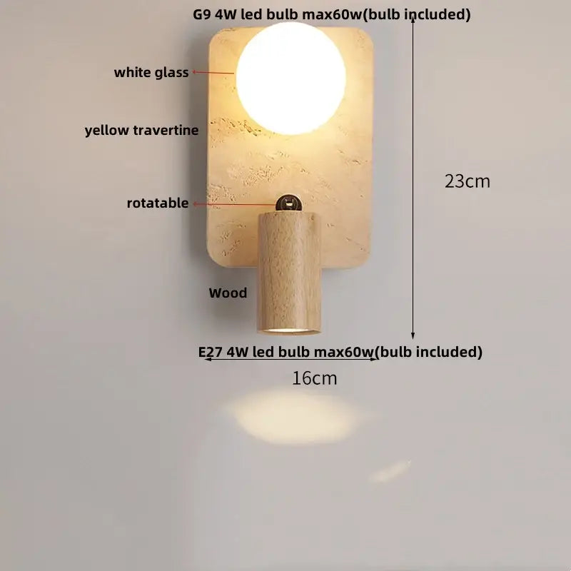 Modern beige travertine copper led wall lamp with rotatable wooden base and dual integrated light sources for bedroom decorbites copper led