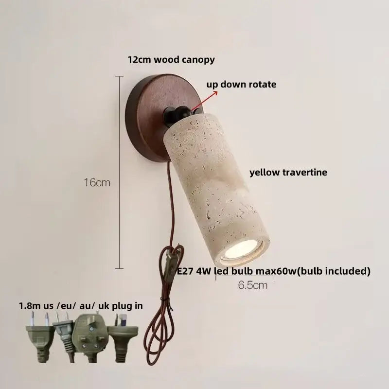 Modern beige travertine copper led wall lamp with 12cm wood canopy and rotating up-down mechanism for bedroom decorbites copper led
