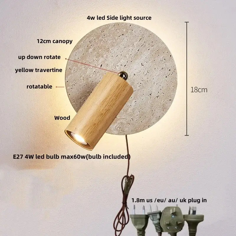 Modern beige travertine copper led wall lamp with rustic wooden cylindrical sconce and adjustable 4w led light source