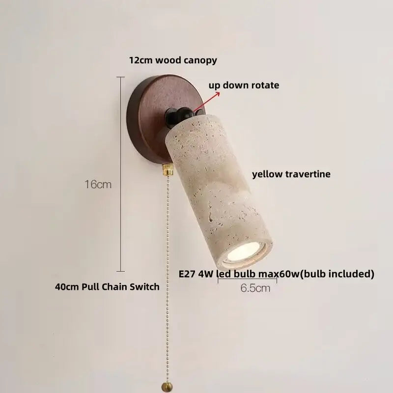 Modern beige travertine copper led wall lamp with 12cm wood canopy and rotating up-down spotlight for bedroom decorbites copper led