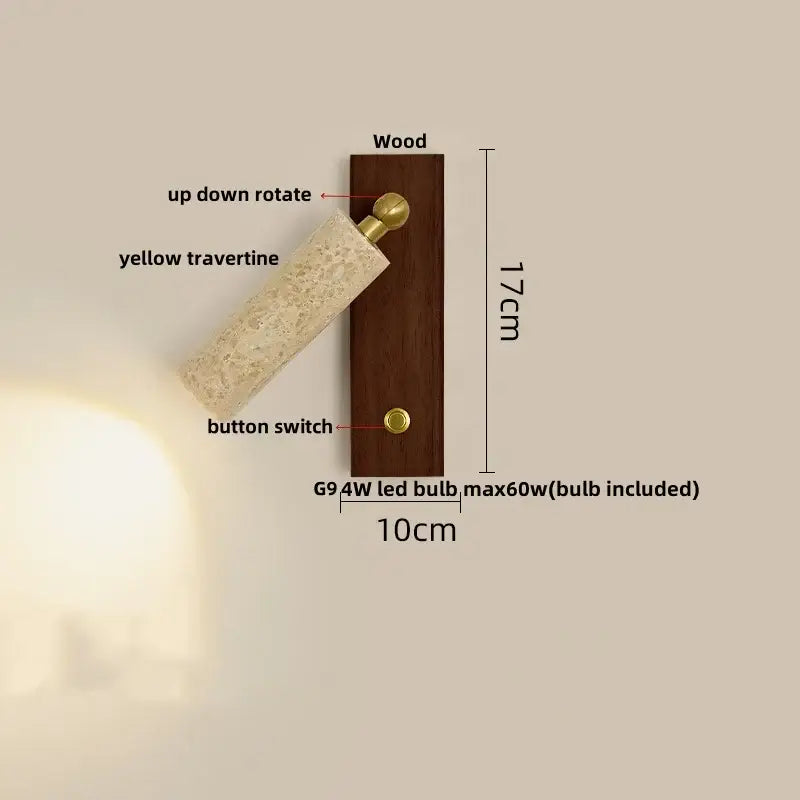 Modern beige travertine copper led wall lamp with dark wood base and brass accents for bedroom decorbites copper led lighting