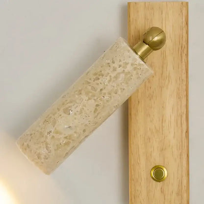 Modern beige travertine copper led wall lamp with beige speckled concrete cylindrical sconce and brass accents for bedroom decorbites copper led wall decor