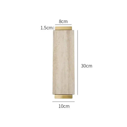 A tall slender beige travertine stone vase with gold-toned metal caps perfect for decorbites beige travertine decor