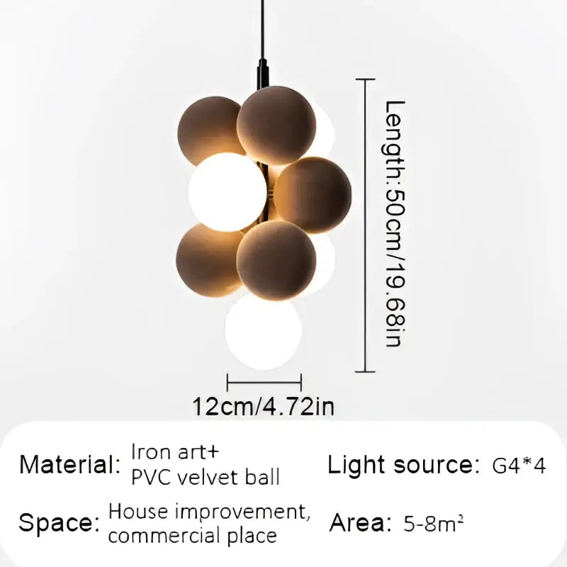 Modern beige and white abstracta pendant lamp with brown and white pvc velvet balls on iron frame for dining room decorbites pendant lamp