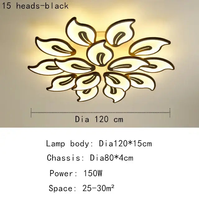 Modern beige and white flower led ceiling light with 15 black floral heads and warm glowing panels for living room