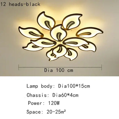 Modern beige and white flower led ceiling light with black-outlined floral design and 12 glowing petal-shaped heads for living room