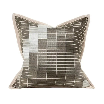 Square jacquard cushion cover with modern gray and silver grid pattern and beige piping for living room decorbites decor
