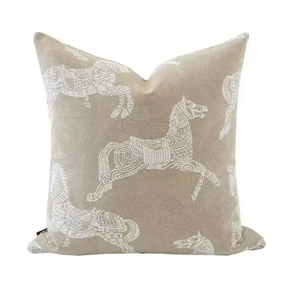 Beige jacquard cushion cover with intricate white embroidered horse design perfect for living room decorbites cushion covers