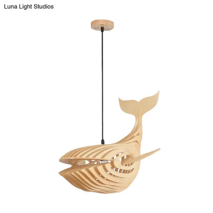 A modern hanging beige wooden whale kids pendant light with a sleek layered design and natural wood finish