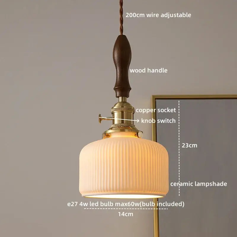 Modern bell ceramic led pendant light in warm tones with vertical ridges and dark wood handle for decorbites ceramic led decor
