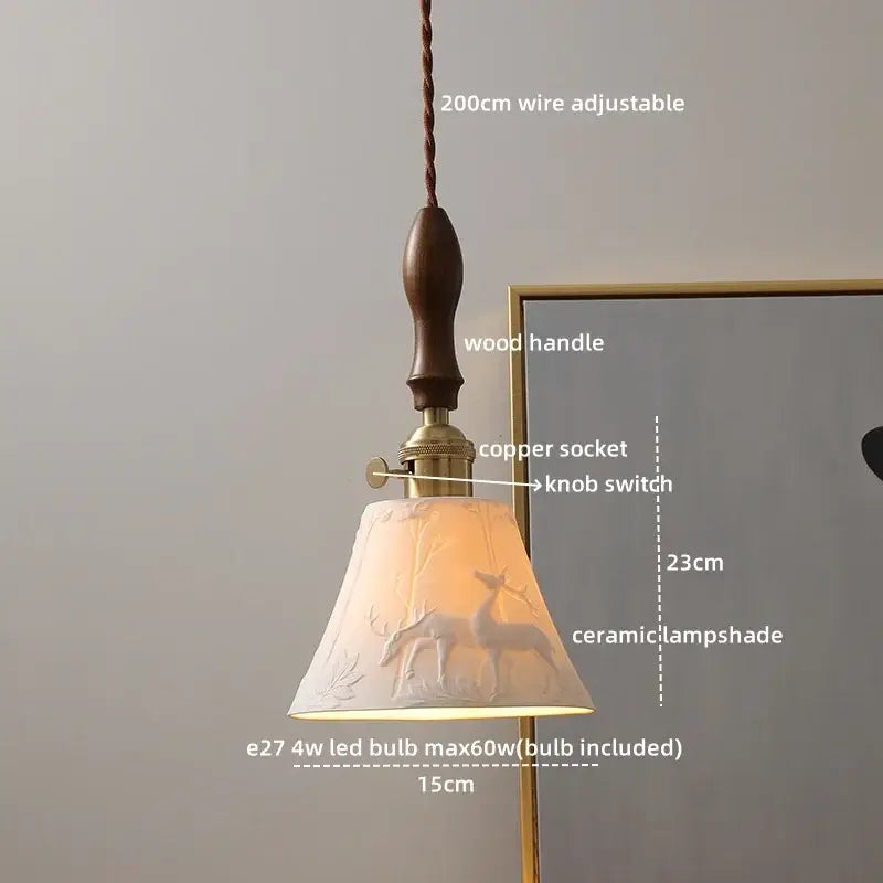Modern bell ceramic led pendant light with warm-toned deer embossed shade, twisted copper wire, and wood handle decorbites ceramic led