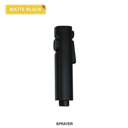 Matte black handheld shower sprayer with sleek cylindrical design and textured grip in modern bidet faucet set with coiled hose