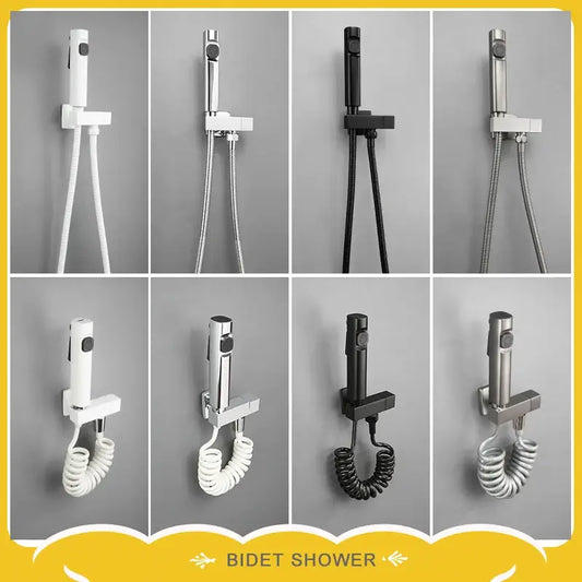 Modern bidet faucet set featuring sleek white chrome black and brushed steel bidet faucet with coiled hose for bathroom use