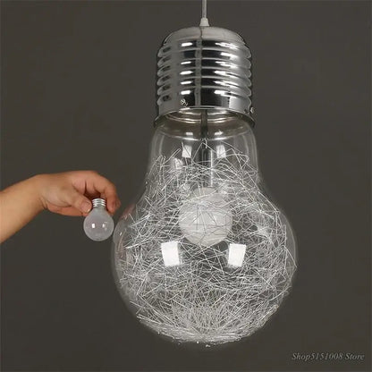 Modern big bulb led pendant light with clear glass and silver wire mesh interior chrome finish by decorbites big bulb