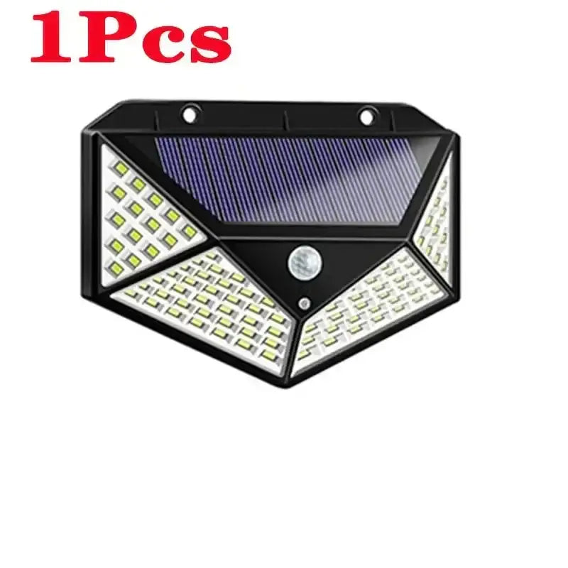 Modern black 100 led solar wall lights with triangular solar panel and motion sensor for garden security use