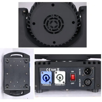 Black industrial-grade 12x12w rgbw wash stage light with cooling fan dmx ports and red toggle switch for party room