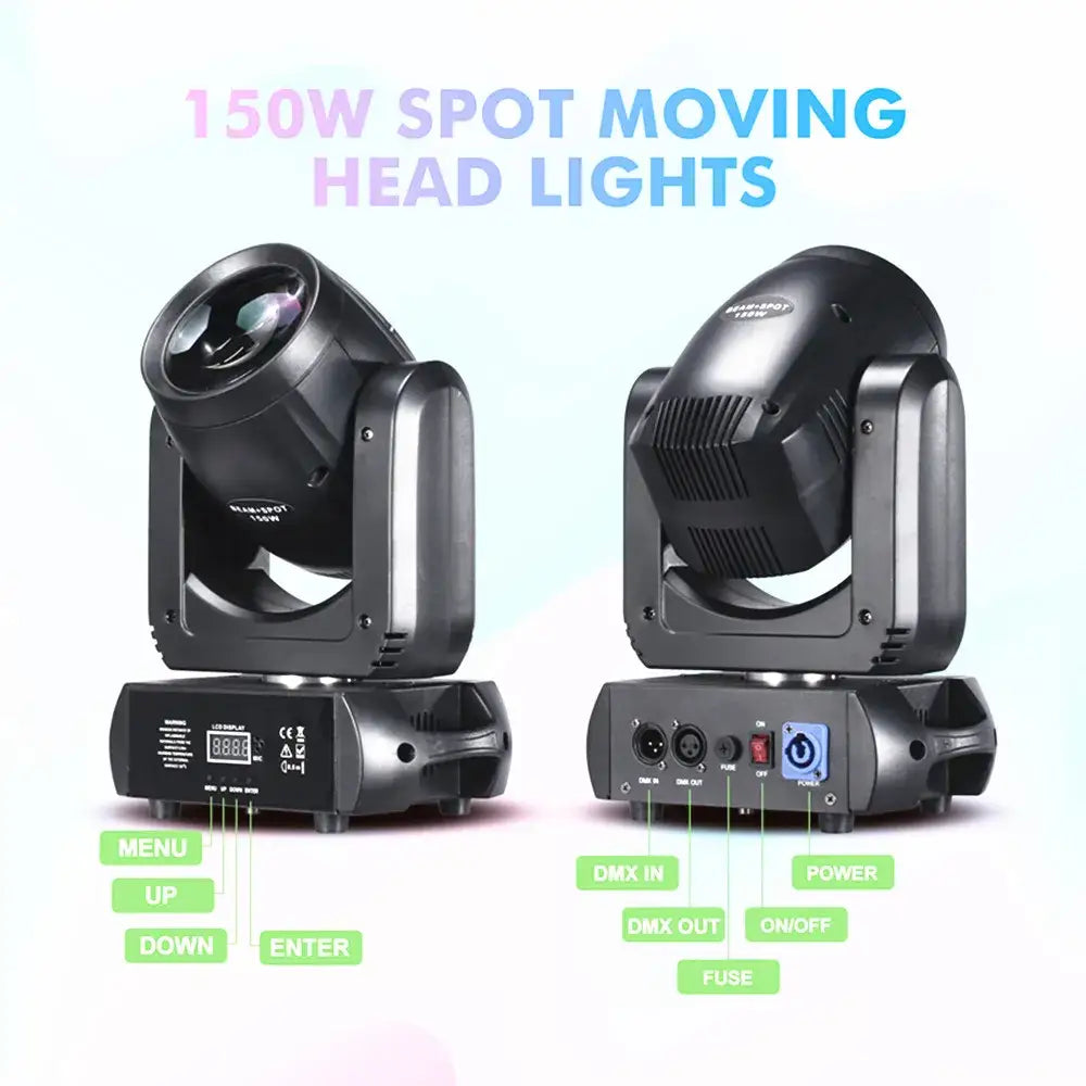 Modern black 150w led moving head light with sleek angular design and visible control ports for stage and living room decor