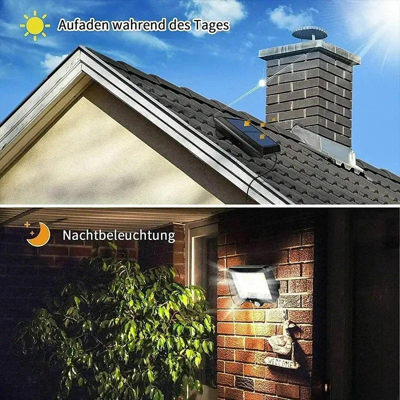 Modern black 160cob solar outdoor wall lights mounted on a brick wall with motion sensor for garden use