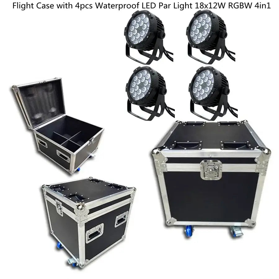 Black flight case with silver metal edges and latches holding four waterproof 18x18w rgbwa uv 6in1 led par lights