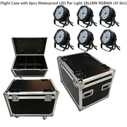 Black flight case with silver metal edges and latches holding six waterproof 18x18w rgbwa uv 6in1 led par lights