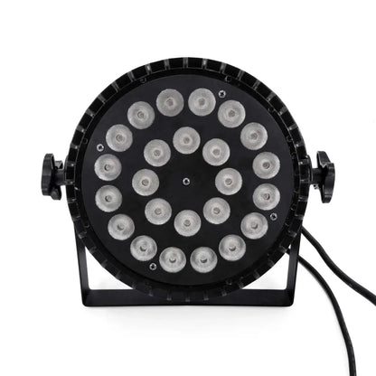 Black circular led par light with 24x18w rgbwa uv 6in1 bulbs arranged in a grid for stage dmx wash lighting