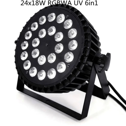 Modern black 24x18w rgbwa uv 6in1 led par light with circular bright leds and ridged heat-dissipating sides for stage use