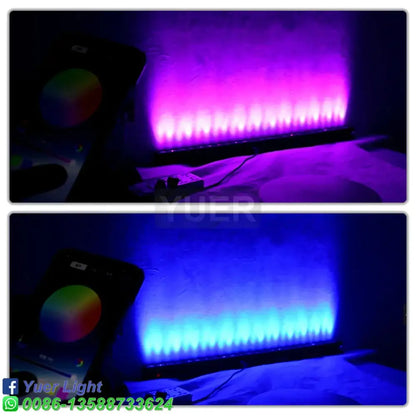 Modern black 24x4w 4in1 rgbw led wall wash stage light bar emitting vibrant purple and blue hues for ambiance or photography