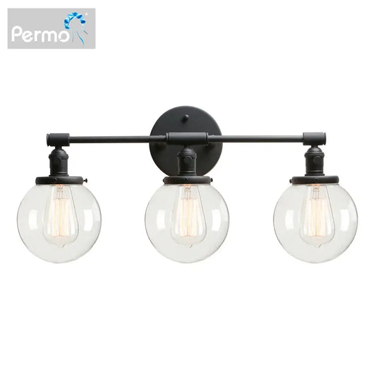 Modern black 3-light glass globe wall sconce bathroom vanity fixture with exposed filament bulbs for wall sconce bathroom use
