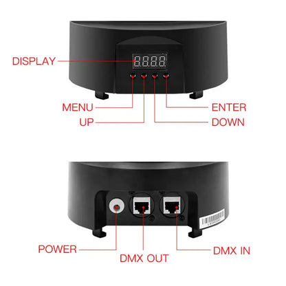 Back view of modern black cylindrical dmx controller with digital display and ports for 300mw rgb moving head laser light